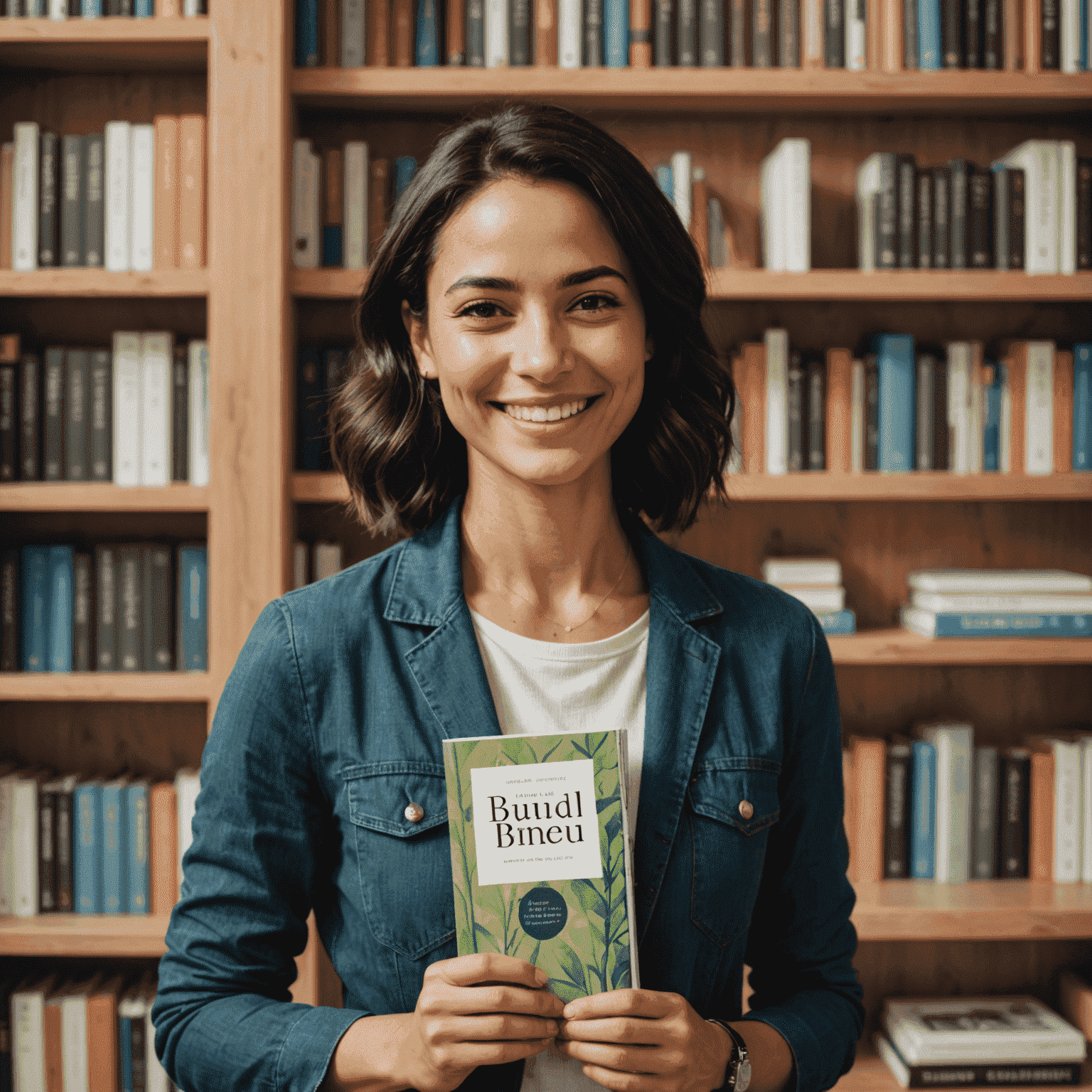 Simone Tebet sorrindo e segurando seu novo livro, com uma estante de livros ao fundo