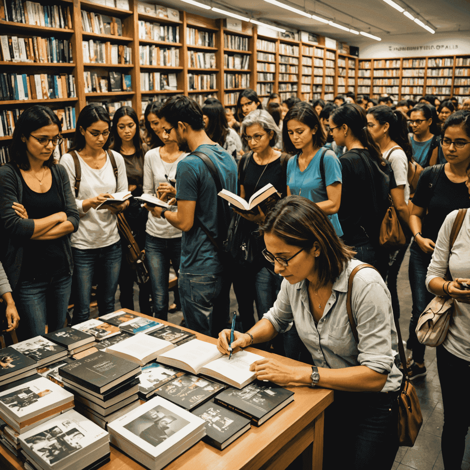 Simone Tebet assinando livros em uma livraria movimentada em São Paulo, com fãs fazendo fila