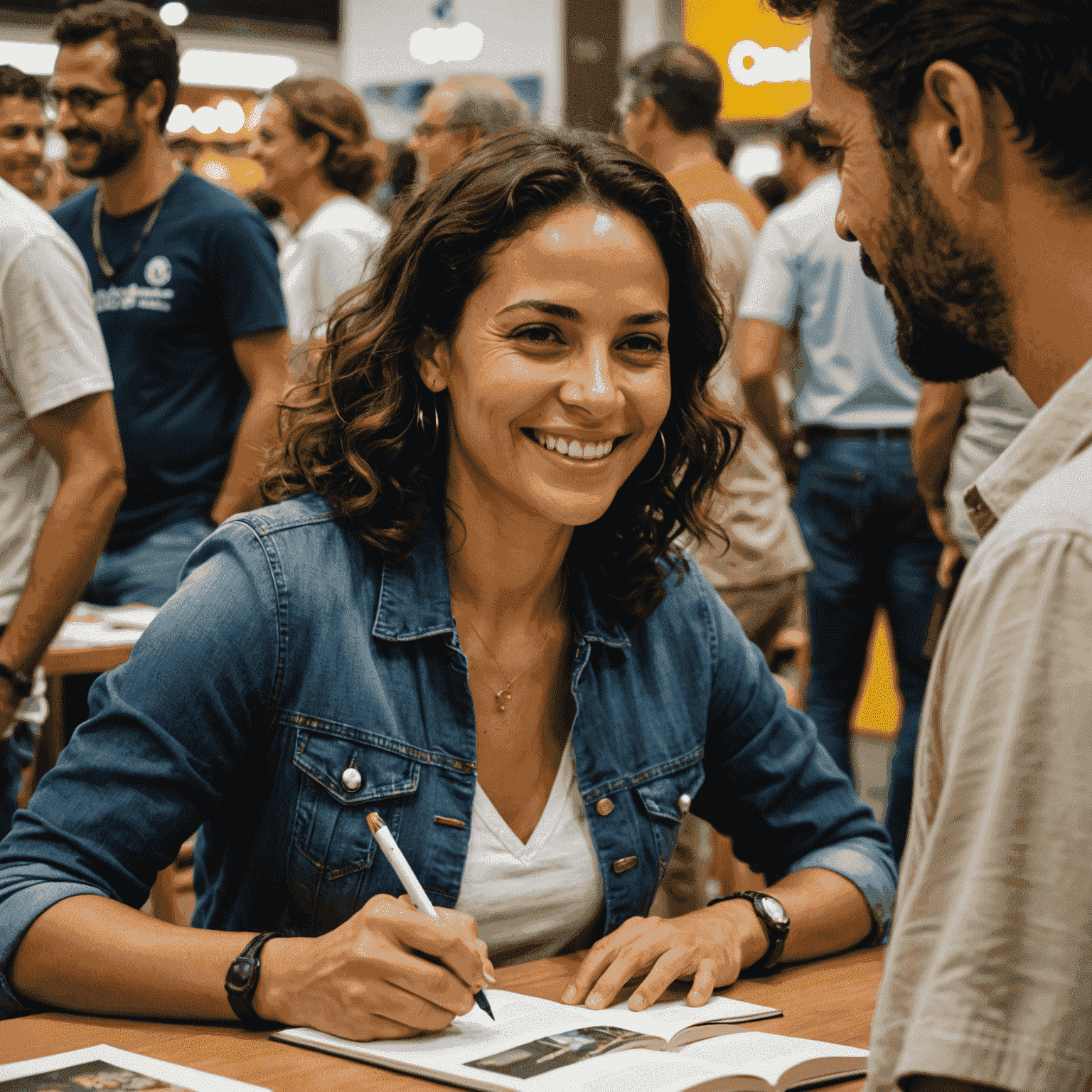 Simone Tebet sorrindo e conversando com leitores em uma sessão de autógrafos no Rio de Janeiro