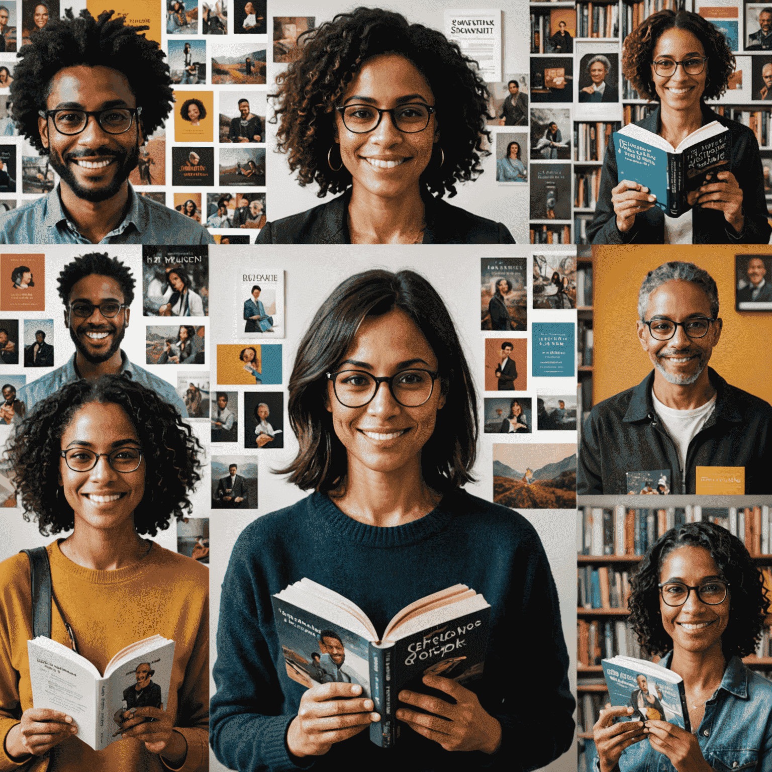 Colagem de fotos de leitores segurando o livro de Simone Tebet, com expressões de satisfação e interesse